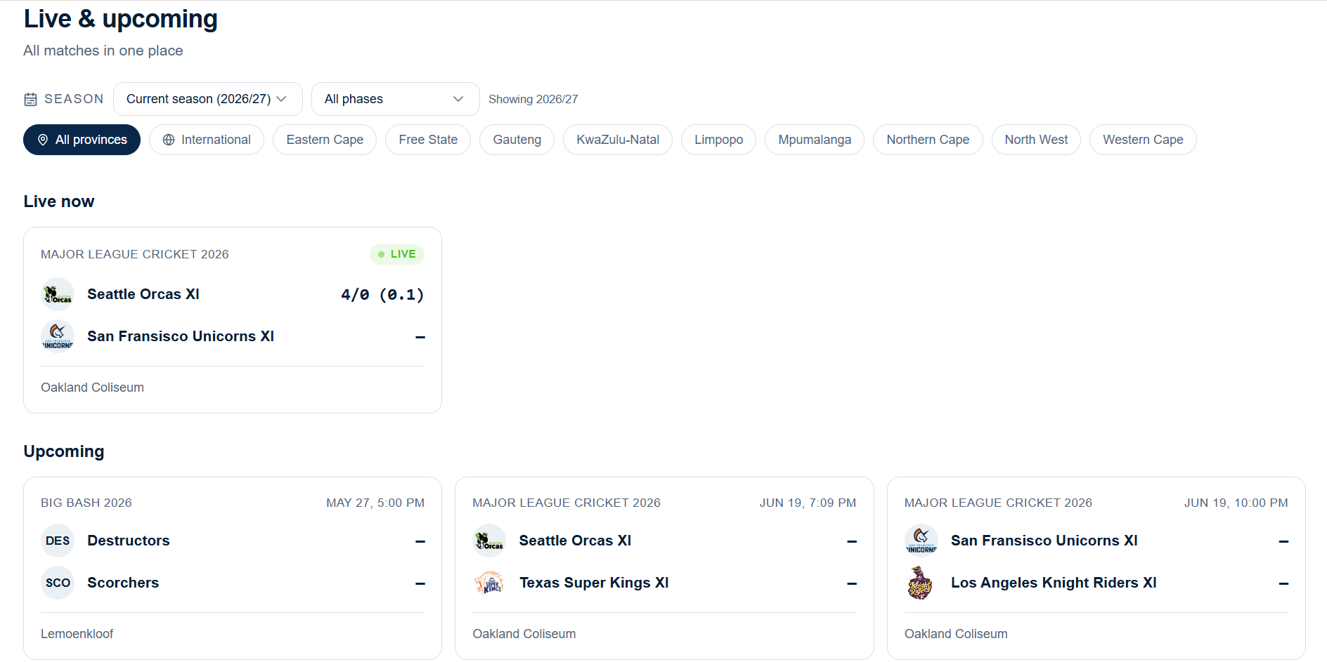 NxtGen Cricket Fan Hub home screen showing live and upcoming matches