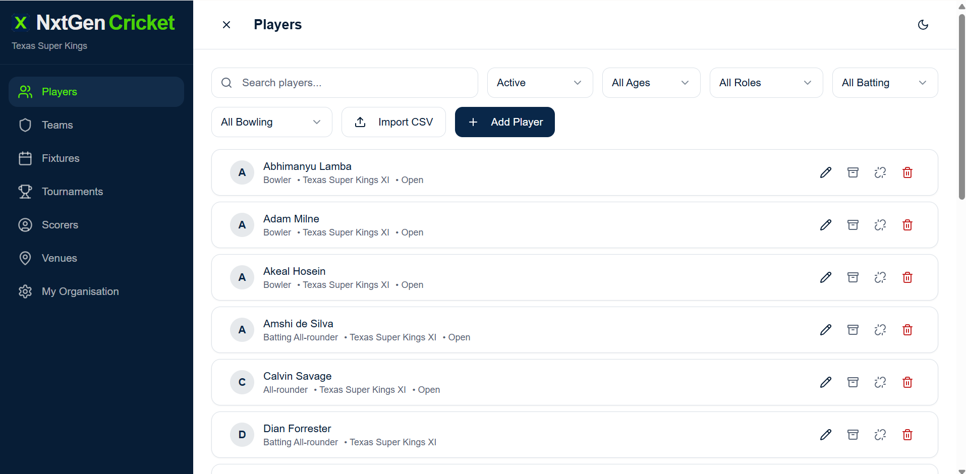 Player management screen with searchable player list