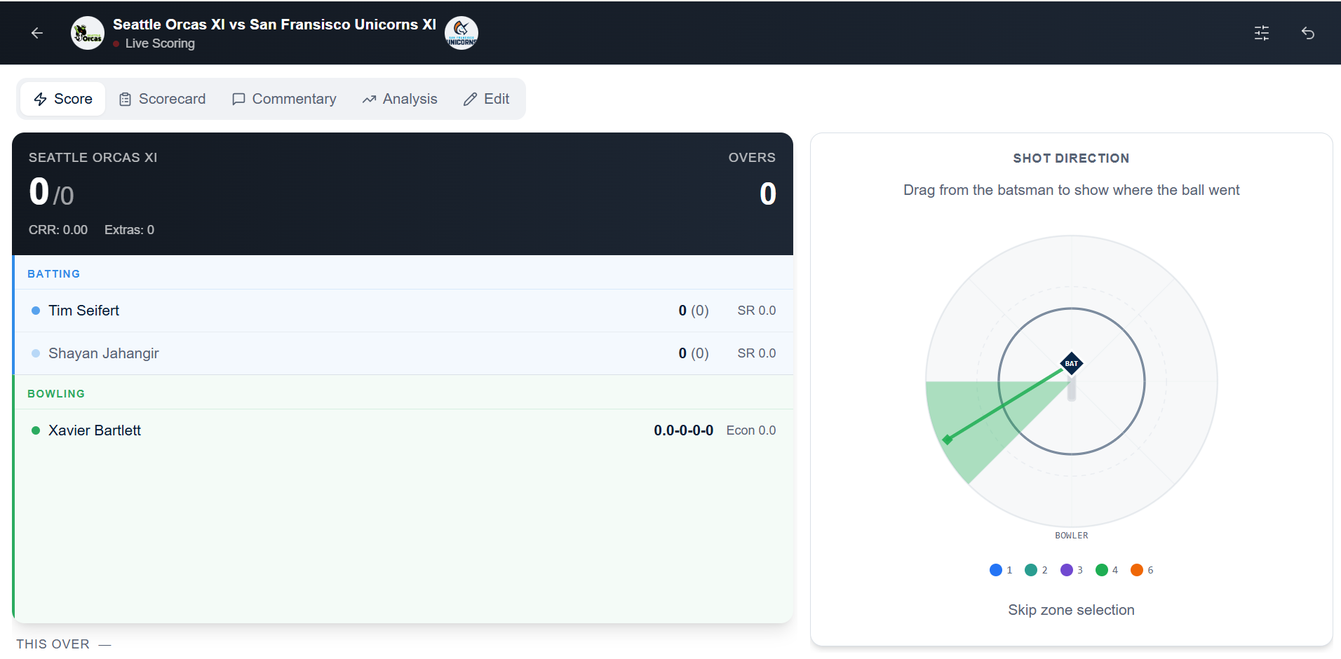 Scorer Portal live scoring screen with shot direction chart