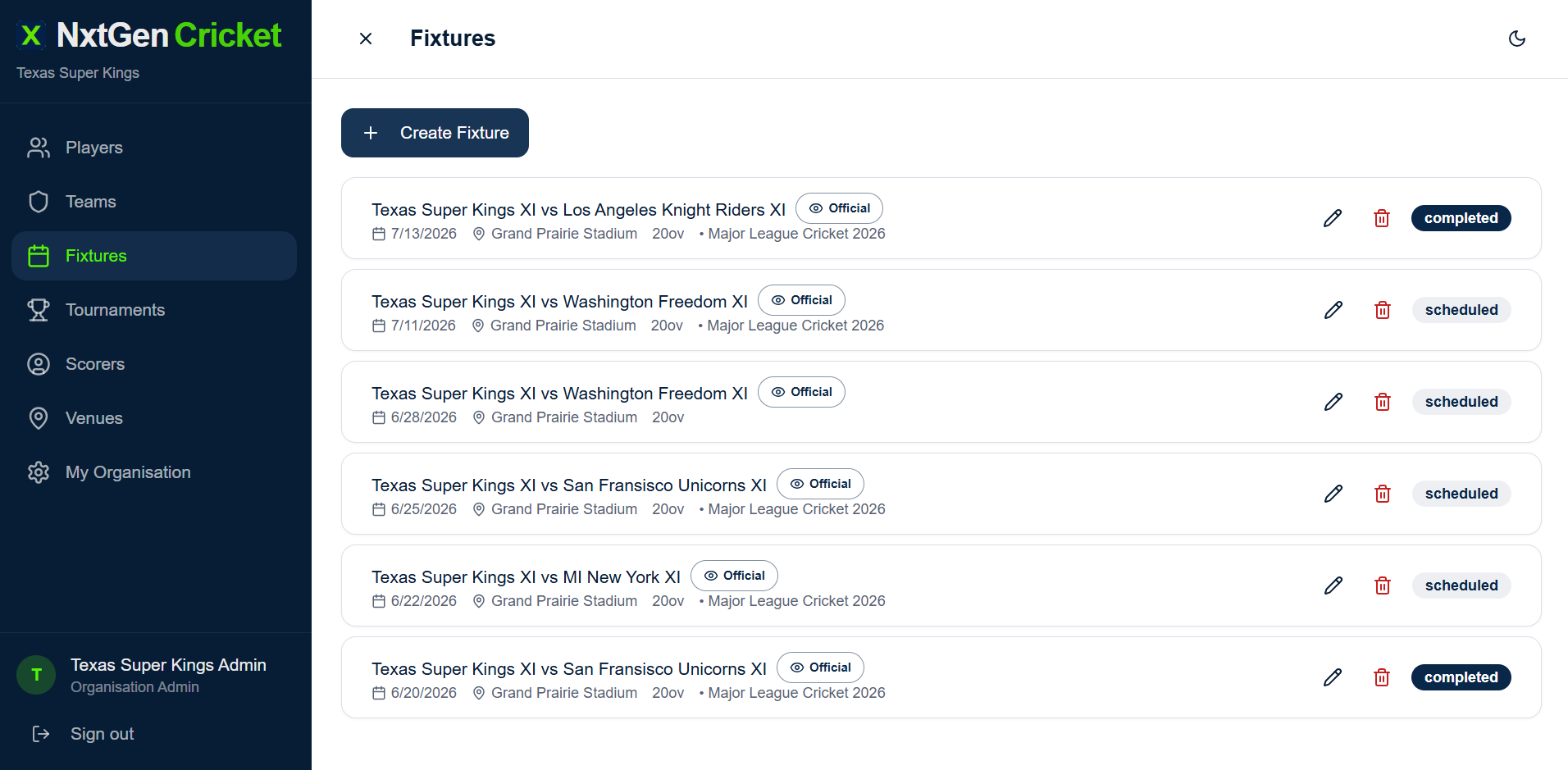 Fixtures management screen listing scheduled and completed matches
